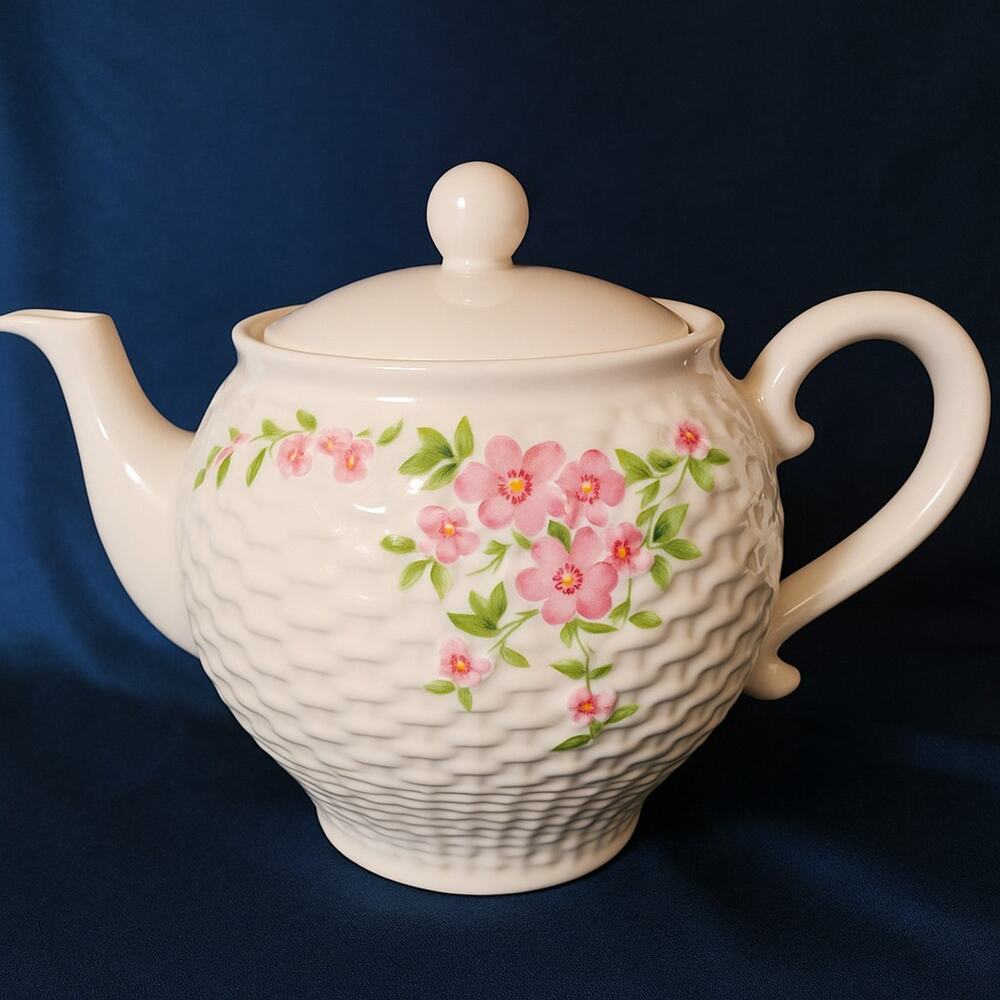 Vintage 1985 Teleflora Teapot Made in Japan – Pink Floral Basketweave Ceramic –